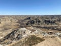 A beautiful panoramic view of the badlands in Dinosaur provincial park, Alberta, Canada.  Full of valleys of hoodoos and coulees. Royalty Free Stock Photo