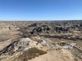 A beautiful panoramic view of the badlands in Dinosaur provincial park, Alberta, Canada.  Full of valleys of hoodoos and coulees. Royalty Free Stock Photo