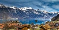 Beautiful panoramic view of blue lake in Iseltwald, Switzerland Royalty Free Stock Photo