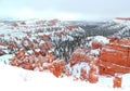 Beautiful panoramic view of Bryce canyon Nationalpark with snow in Winter with red rocks / Utah / USA Royalty Free Stock Photo