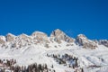 Beautiful panoramic view of the Cima Uomo group in the Dolomites at Pass San Pellegrino and the ski slopes