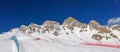 Beautiful panoramic view of the Cima Uomo group in the Dolomites at Pass San Pellegrino and the ski slopes