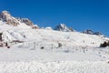 Beautiful panoramic view of the Cima Uomo group in the Dolomites at Pass San Pellegrino and the ski slopes