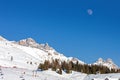 Beautiful panoramic view of the Cima Uomo group in the Dolomites at Pass San Pellegrino and the ski slopes