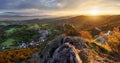 Beautiful Panoramic View of Colourful Fall Forest and Mountains in Vrsatec landscape. Sunset or Sunrise Sky Composite. Slovakia Royalty Free Stock Photo