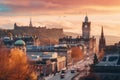 Beautiful panoramic view of Edinburgh city at sunset, Scotland, UK, View of Edinburgh Castle, Balmoral Hotel and Princes Street