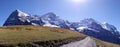 Beautiful panoramic view of Eiger  Monch and Jungfrau Mountains  in Swiss Alps Royalty Free Stock Photo