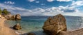 Beautiful panoramic view of empty Brela rocky beach. Makarska Riviera in Dalmatia region of Croatia. Royalty Free Stock Photo
