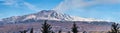 A beautiful panoramic view of the eruption of volcano Etna with smoke and snow is in the photo in winter in Sicily Royalty Free Stock Photo