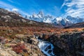 Beautiful panoramic view of Fitz roy mountains with white snow peak with long exposure waterfall and colorful red leaves tree in Royalty Free Stock Photo