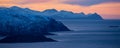 Beautiful panoramic view of fjord and landscape at sunset near Tromso, Norway Royalty Free Stock Photo