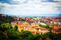 Beautiful panoramic view Florence Firenze, Italian renaissance churches. Summer scenery. Sunny day, blue sky with cumulus clouds.