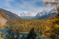 Panoramic view of Germanys highest mountain Zugspitze and Seefernerkopf seen from Austria with Blindsee lake in the