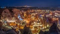 Beautiful panoramic view Goreme, Cappadocia, Turkey at night. Famous center of balloon fligths Royalty Free Stock Photo