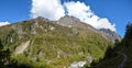 Beautiful panoramic view of the Himalayan Mountains on the way to Khambachen village. Kangchenjunga, Nepal Royalty Free Stock Photo