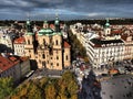 A beautiful panoramic view of the hundredths towers of Prague from the Astronomical Clock