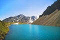 Beautiful panoramic view at Kucherla mountain lake and mountain range. Belukha national park, Altai republic, Siberia, Russia.