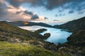 Beautiful panoramic view of Lagoa do Fogo, Lake of Fire, in Sao Miguel Island, Azores, Portugal. Sunny day with blue sky