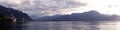 Beautiful panoramic view of Lake Leman  Chillon Castle and French Prealps seen from Montreux City Royalty Free Stock Photo