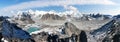 Beautiful panoramic view of Mount Cho Oyu and Cho Oyu base camp, mountain lakes, Everest, Lhotse, Gyachung Kang, Ngozumba and