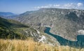 Beautiful panoramic view of the mountains with forests and the blue-green river on a sunny summer day. Sulak Canyon Royalty Free Stock Photo