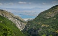 Beautiful panoramic view of the mountains with forests and the river in the Sulak canyon in the background on a sunny summer day Royalty Free Stock Photo