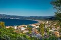 Beautiful panoramic view on Paralia Agias Annas beach in Agkali village, Evia island. Greece