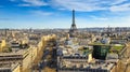 Beautiful panoramic view of Paris from the roof of the Triumphal Arch. Champs Elysees and the Eiffel Tower Royalty Free Stock Photo