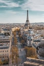 Beautiful panoramic view of Paris from the roof of the Triumphal Arch. Champs Elysees and the Eiffel Tower Royalty Free Stock Photo