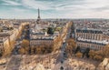 Beautiful panoramic view of Paris from the roof of the Triumphal Arch. Champs Elysees and the Eiffel Tower Royalty Free Stock Photo