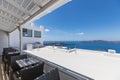 Beautiful terrace and caldera view. Amazing luxury vacation landcsape panorama, Santorini, Greece. Royalty Free Stock Photo