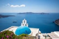 Santorini island, Greece, local church, blue white architecture panoramic landscape. Famous travel destination, summer vacation Royalty Free Stock Photo