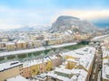 Beautiful panoramic view of Salzburg skyline with river Salzach in winter season snow , Austria Royalty Free Stock Photo