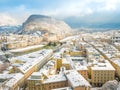 Beautiful panoramic view of Salzburg skyline with river Salzach in winter season snow , Austria Royalty Free Stock Photo