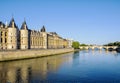 Beautiful panoramic view from the Seine River to the bridge and the city landscape on a sunny summer day. Paris, France Royalty Free Stock Photo