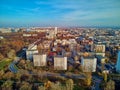 A beautiful panoramic view of the sunset in a fabulous November autumn evening at sunset from drone at Pola Mokotowskie in Warsaw Royalty Free Stock Photo