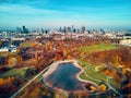 A beautiful panoramic view of the sunset in a fabulous November autumn evening at sunset from drone at Pola Mokotowskie in Warsaw Royalty Free Stock Photo
