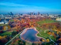 A beautiful panoramic view of the sunset in a fabulous November autumn evening at sunset from drone at Pola Mokotowskie in Warsaw Royalty Free Stock Photo