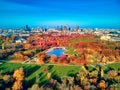 A beautiful panoramic view of the sunset in a fabulous November autumn evening at sunset from drone at Pola Mokotowskie in Warsaw