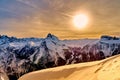 Beautiful panoramic view to the Sellaronda - the largest ski carousel in Europe - skiing the four most famous passes in the Royalty Free Stock Photo