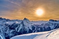 Beautiful panoramic view to the Sellaronda - the largest ski carousel in Europe - skiing the four most famous passes in the Royalty Free Stock Photo