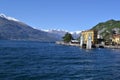 Beautiful panoramic view to Varenna port and lakeshore at the lake Como in early spring sunny day. Royalty Free Stock Photo