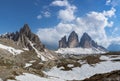 Beautiful panoramic view of Tre Cime and Paterno mountains. Dolomites, Italy Royalty Free Stock Photo