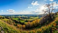 Beautiful panoramic view of the valley and meadow in the spring Royalty Free Stock Photo