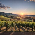 Beautiful panoramic view of vineyards under the sunset light in autumn. Chianti Classico Area near Florence, Italy. Royalty Free Stock Photo