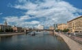 Beautiful panoramic views of Moscow. White ship on the Moscow river.Tourism within the country concept