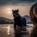 A beautiful panther enters the water on a moonlit night