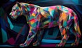 A beautiful panther, modern artwork, abstract colorful painting with geometric shapes. Hand drawn digital painting. Generative AI
