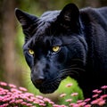 Beautiful panther surrounded by pink flowers