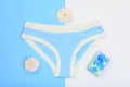 Beautiful panties with gift box and flowers on blue and white background. Women underwear set.